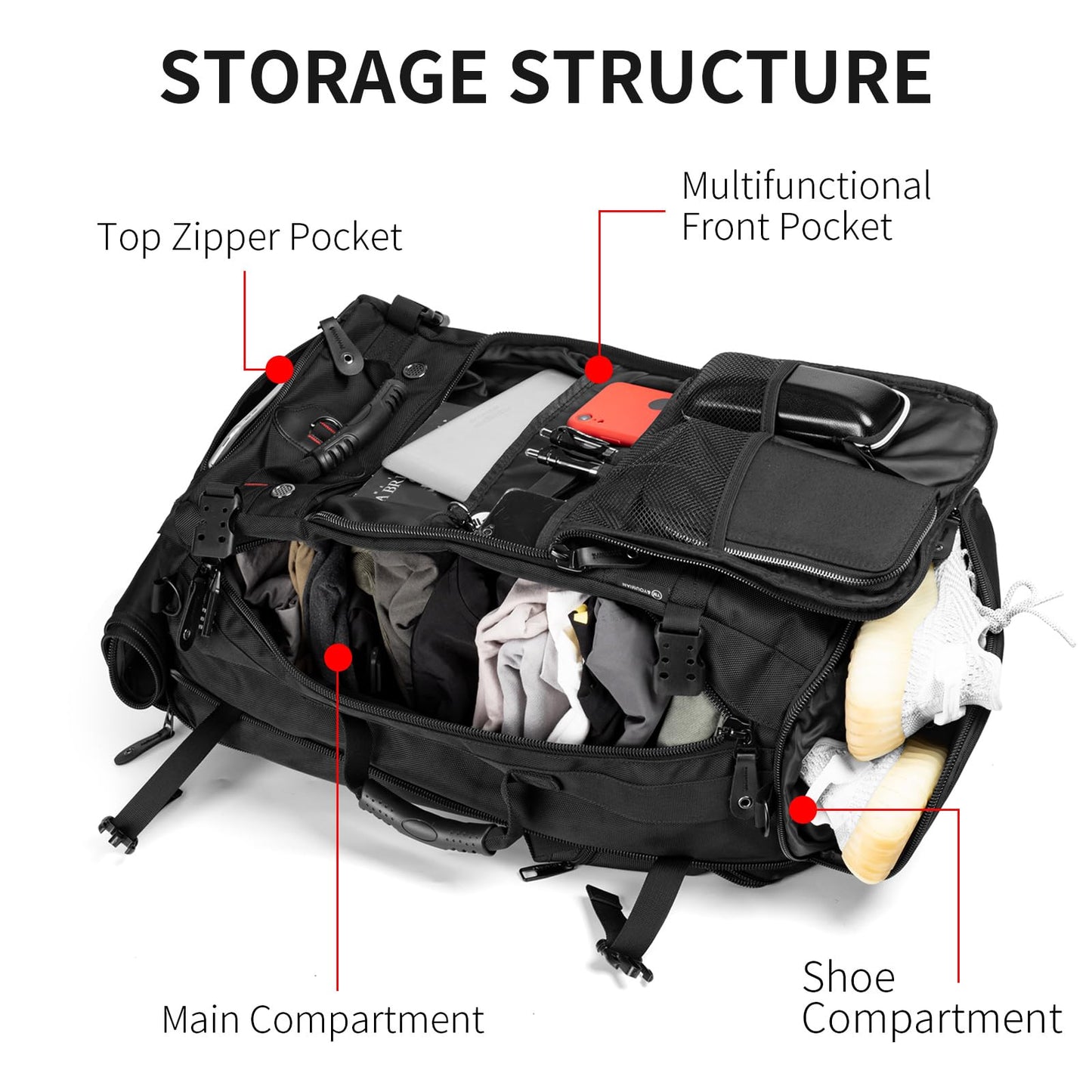 black men's travel backpack with open storage system and shoe compartment