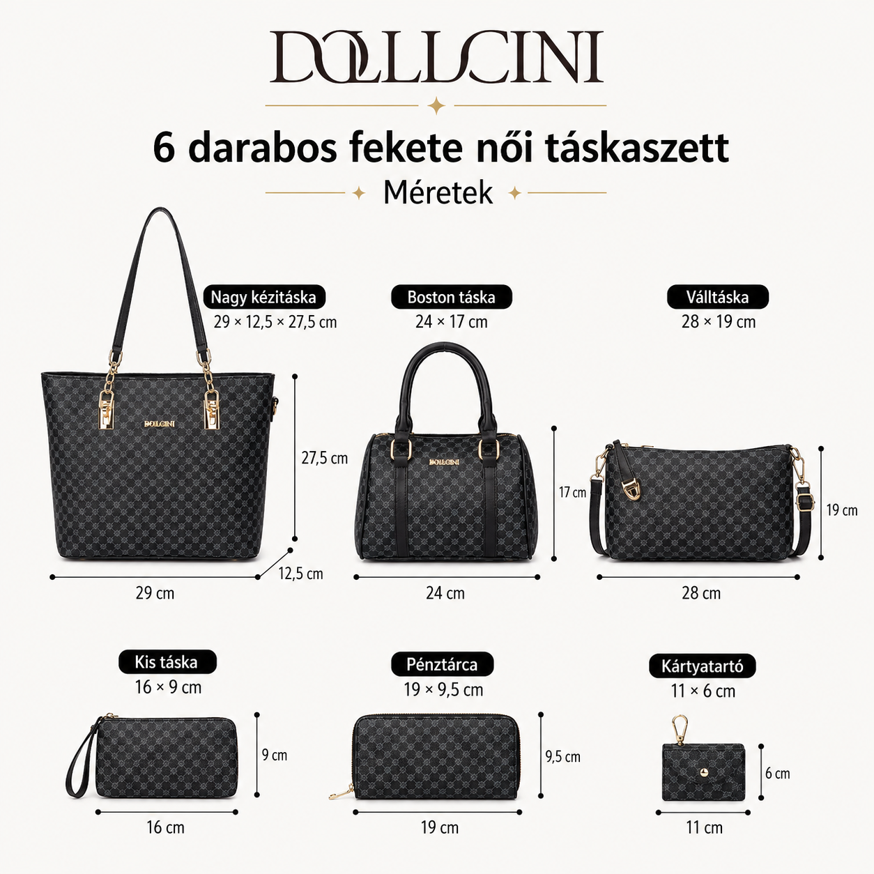 Dollcini Women's Handbag Set – 6-Piece Elegant Faux Leather Bag Set