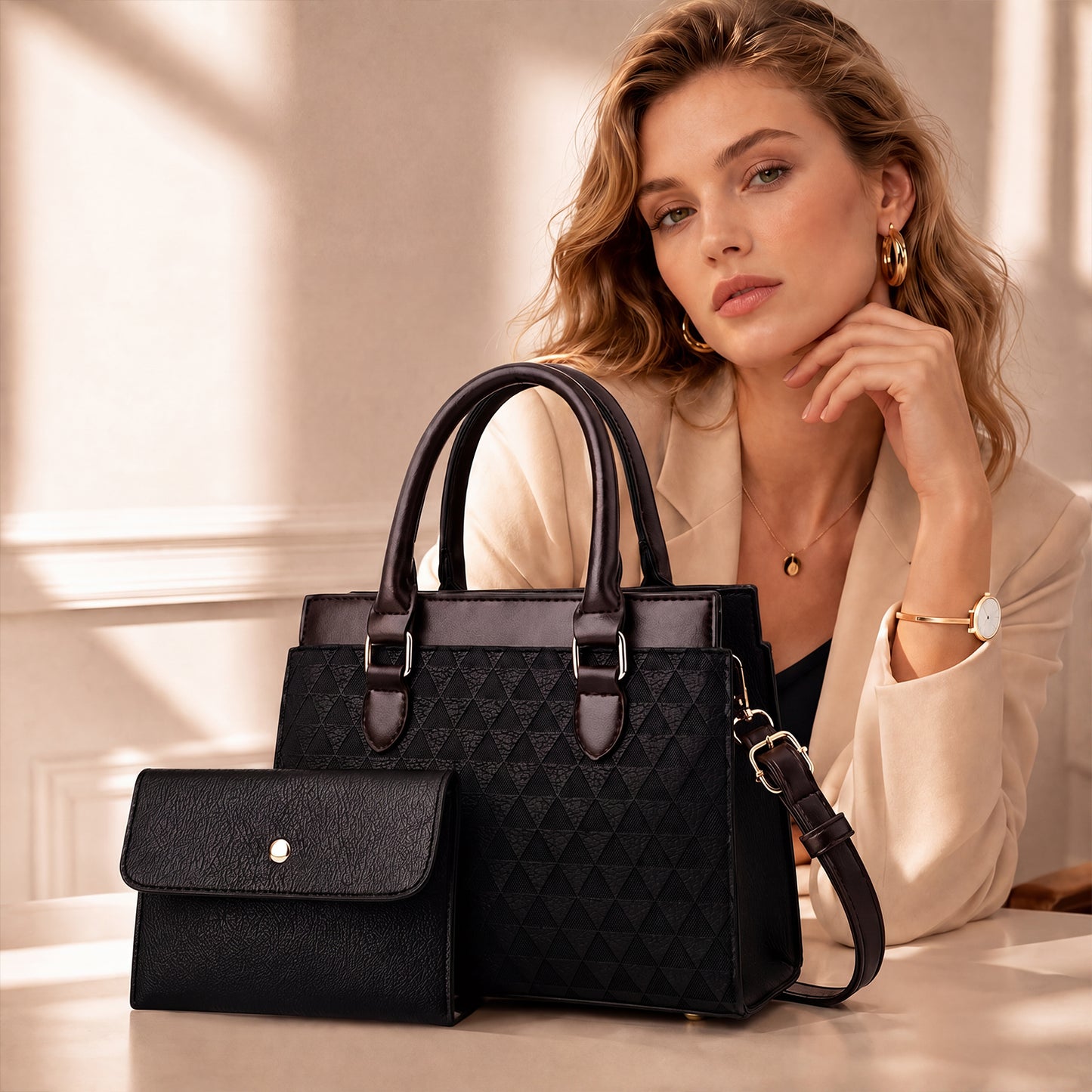 Dollcini Set Pentru Femei: Geantă Tote Mare și Portofel – Elegantă, cu Fermoar și Curea de Umăr
