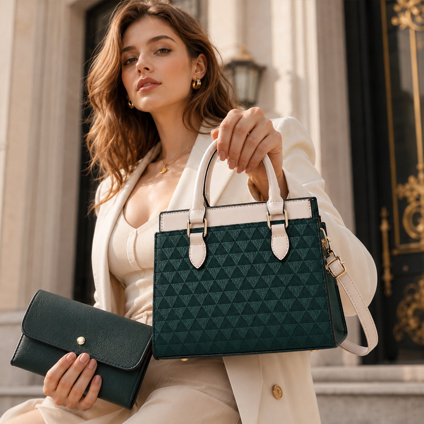 Dollcini Set Pentru Femei: Geantă Tote Mare și Portofel – Elegantă, cu Fermoar și Curea de Umăr