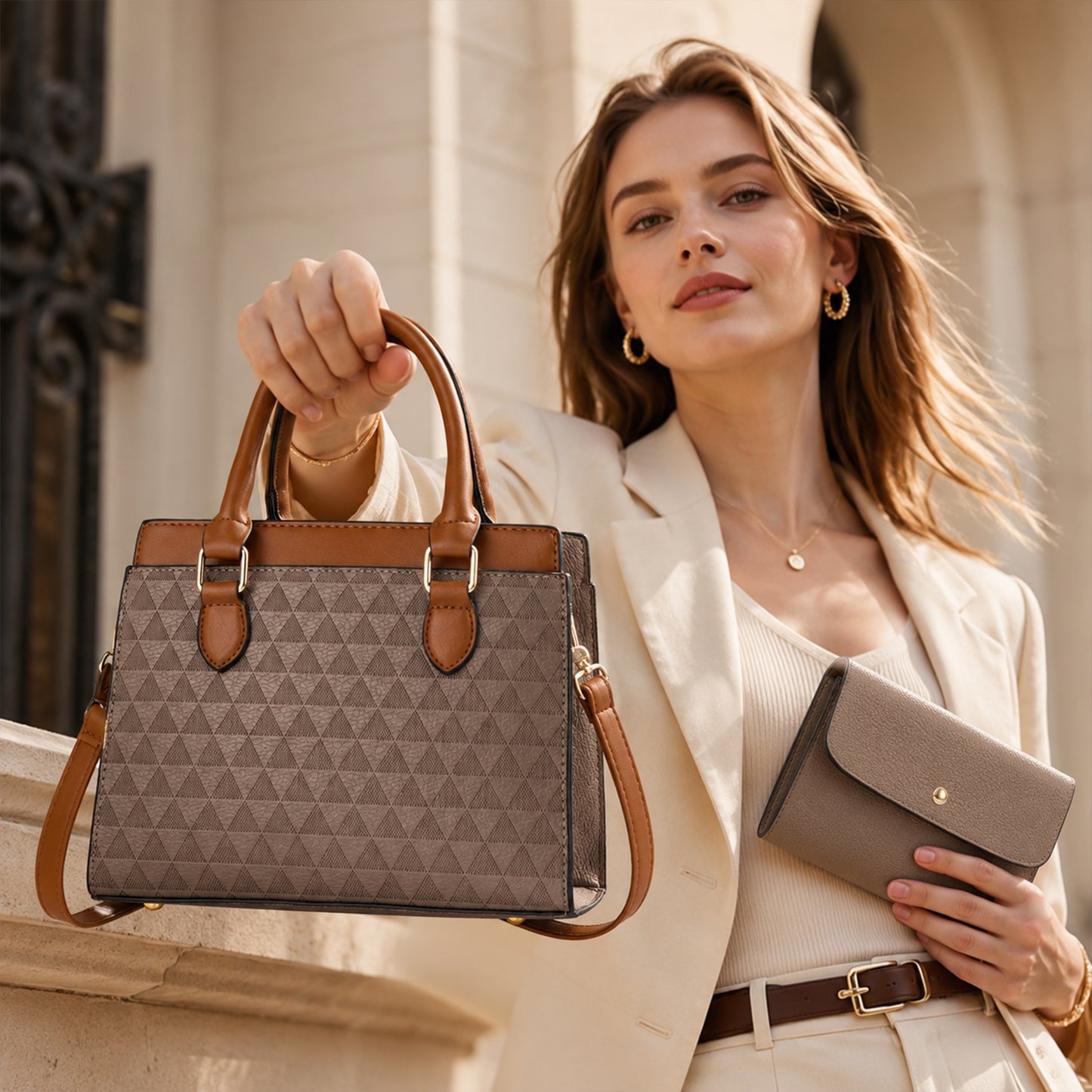 Dollcini Set Pentru Femei: Geantă Tote Mare și Portofel – Elegantă, cu Fermoar și Curea de Umăr