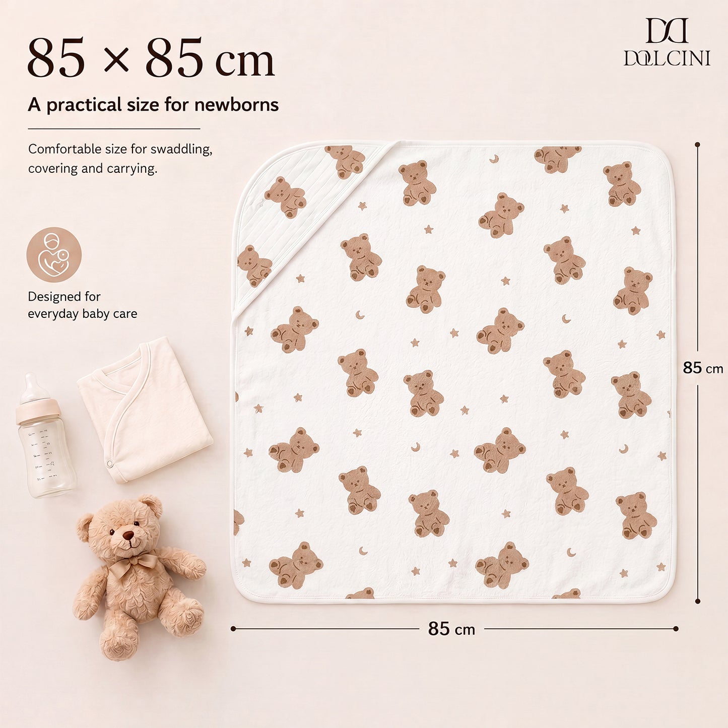 Dollcini Pamut Babapólya Újszülötteknek – 85×85 cm, Macis/Nyuszis Pólyatakaró