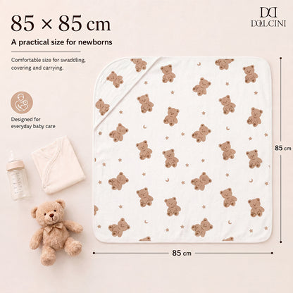 Dollcini Pamut Babapólya Újszülötteknek – 85×85 cm, Macis/Nyuszis Pólyatakaró