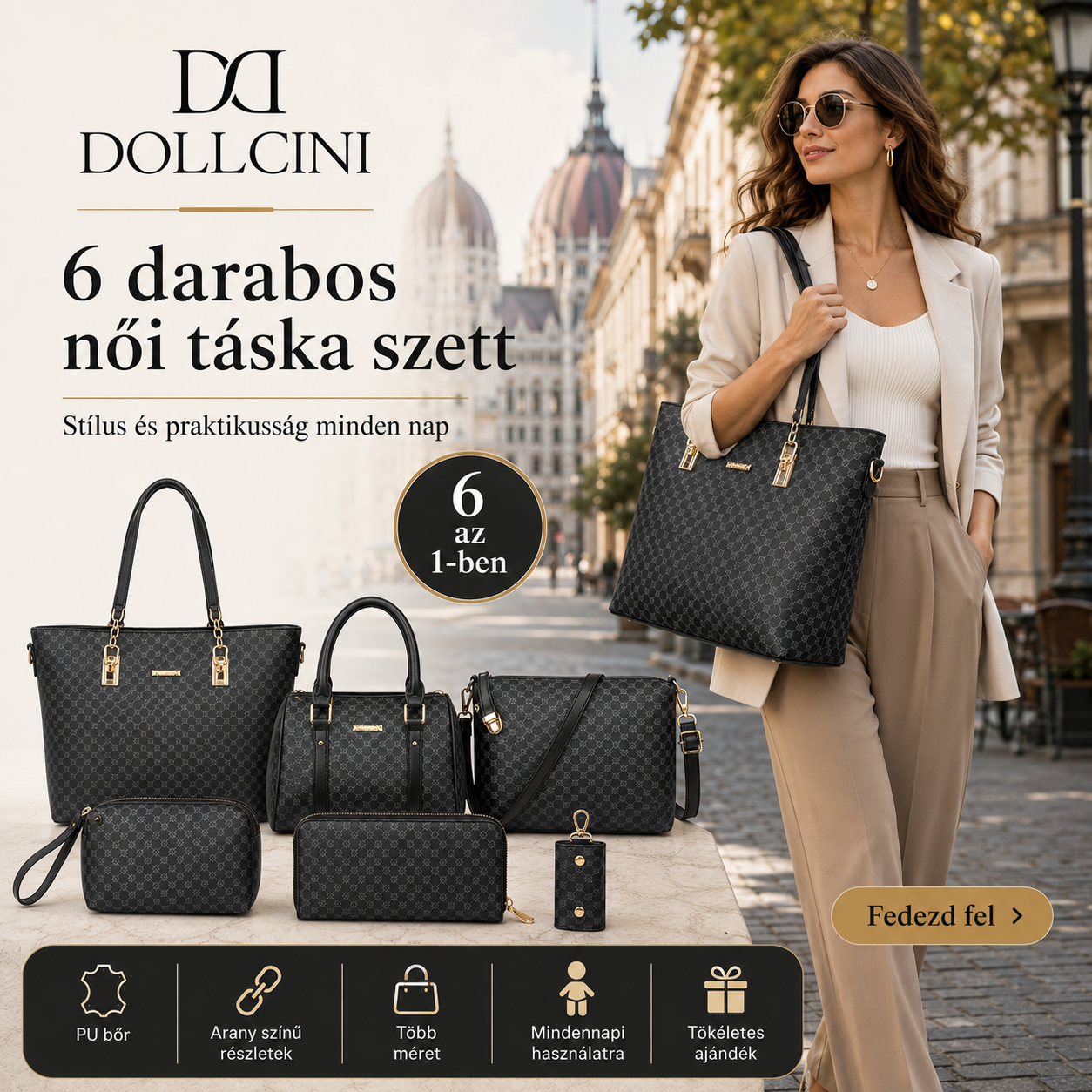 Dollcini Női Kézitáska Szett – 6 db-os Elegáns Műbőr Táska Szett, Fekete kollázs