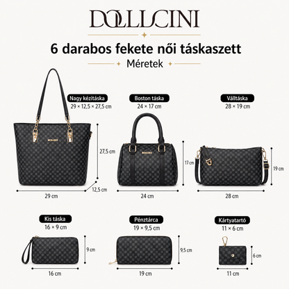 Dollcini Női Kézitáska Szett – 6 db-os Elegáns Műbőr Táska Szett, Fekete kollázs