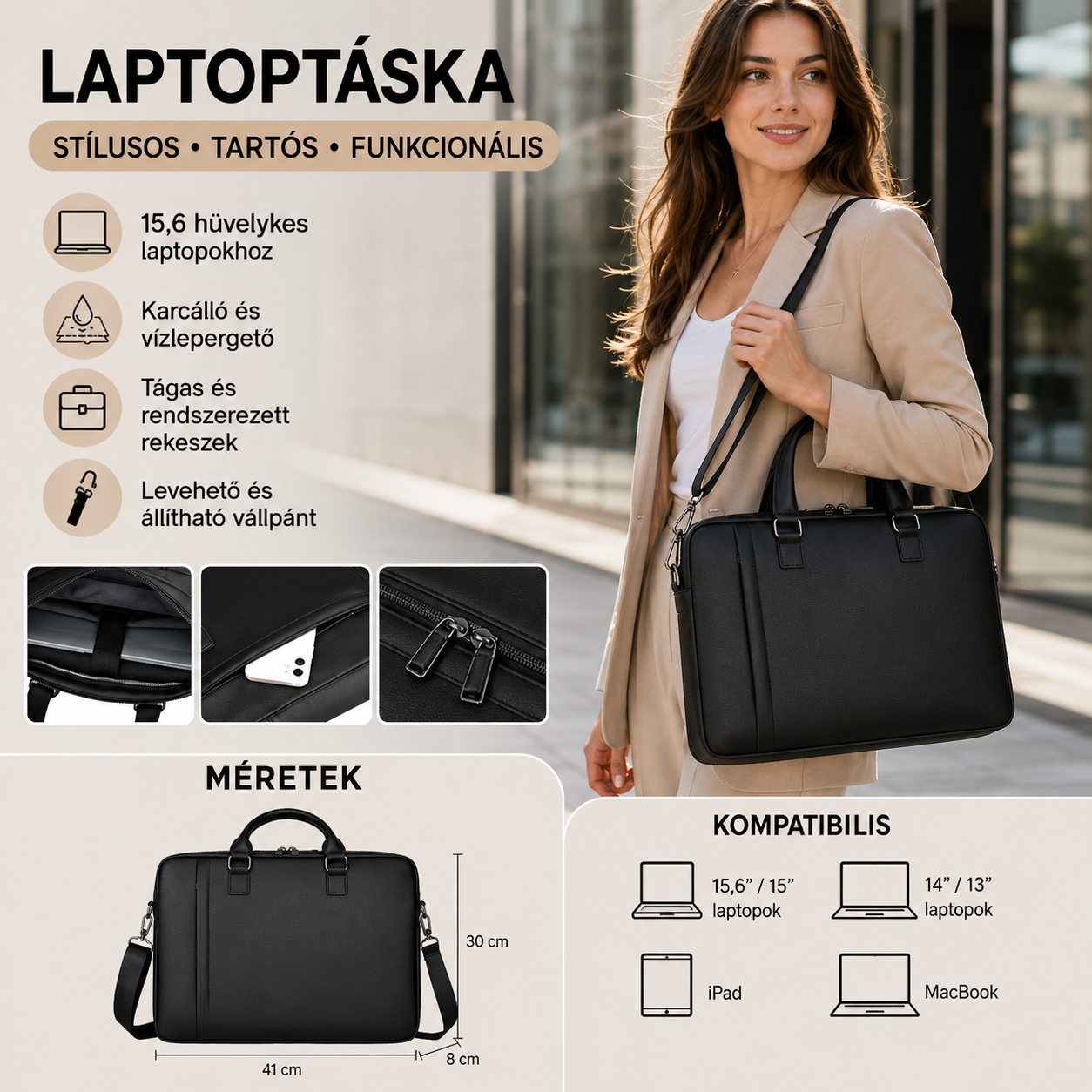 Dollcini Moška torba za prenosnik – odporna proti obrabi, črno umetno usnje (vodoodporen material)