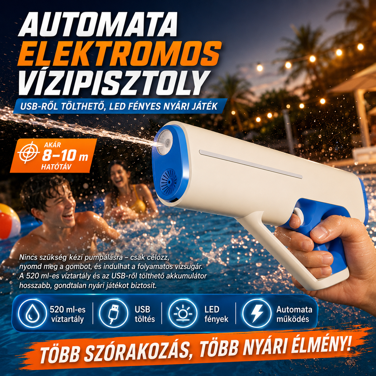 Pistol de apă automat electric Dollcini – încărcare USB, cu LED, 510 ml