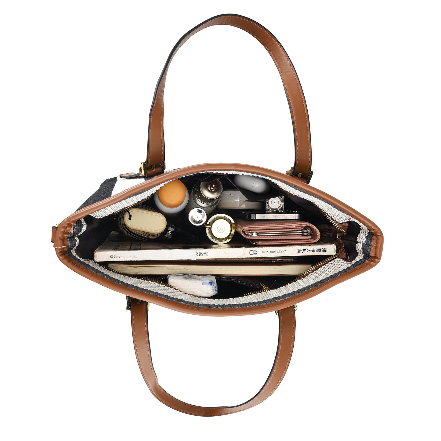 Set geantă tote mare din nylon pentru femei Dollcini – cu portfard și suport pentru carduri, design contrastant