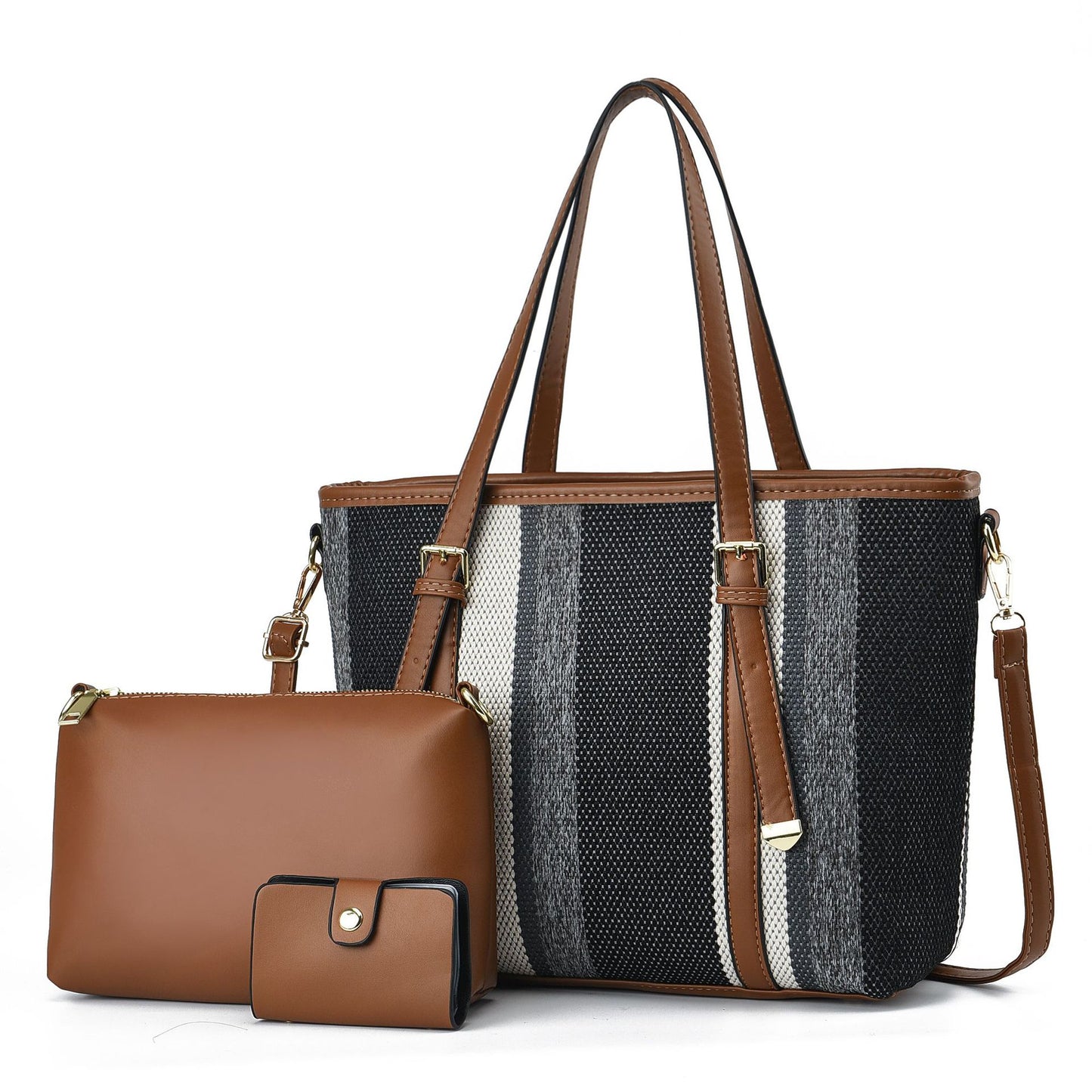 Set geantă tote mare din nylon pentru femei Dollcini – cu portfard și suport pentru carduri, design contrastant