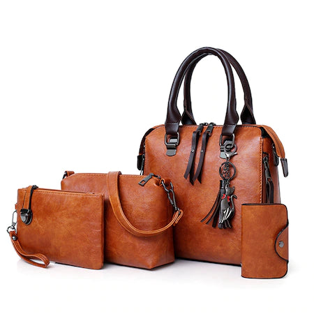 barna négyrészes női műbőr táskaszett kézitáskával oldaltáskával clutch táskával és kártyatartóval